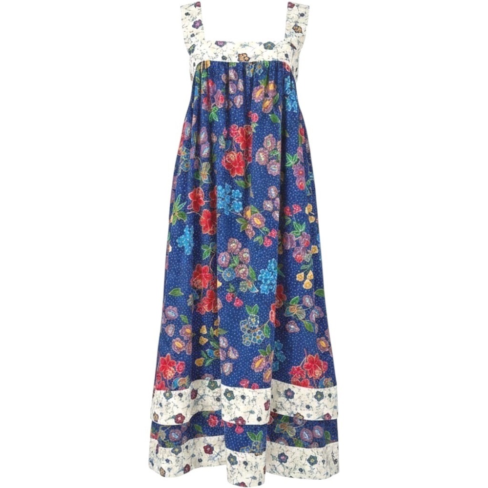Warm NY Silk Floral Batik Maxi Dress Blue Red Square Neck Smocked Back Womens